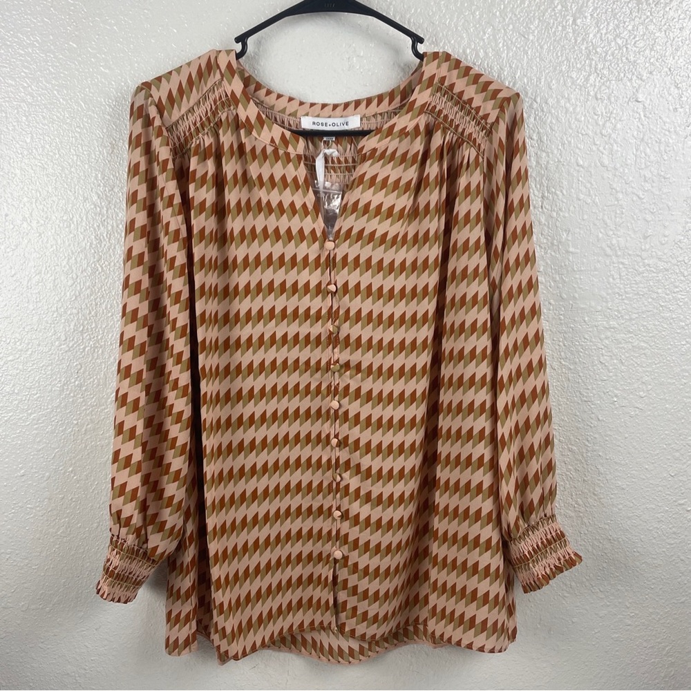 Rose & Olive Ladies Blouse Sz Large NWT Long Sleeve Tan Brown Button Front
